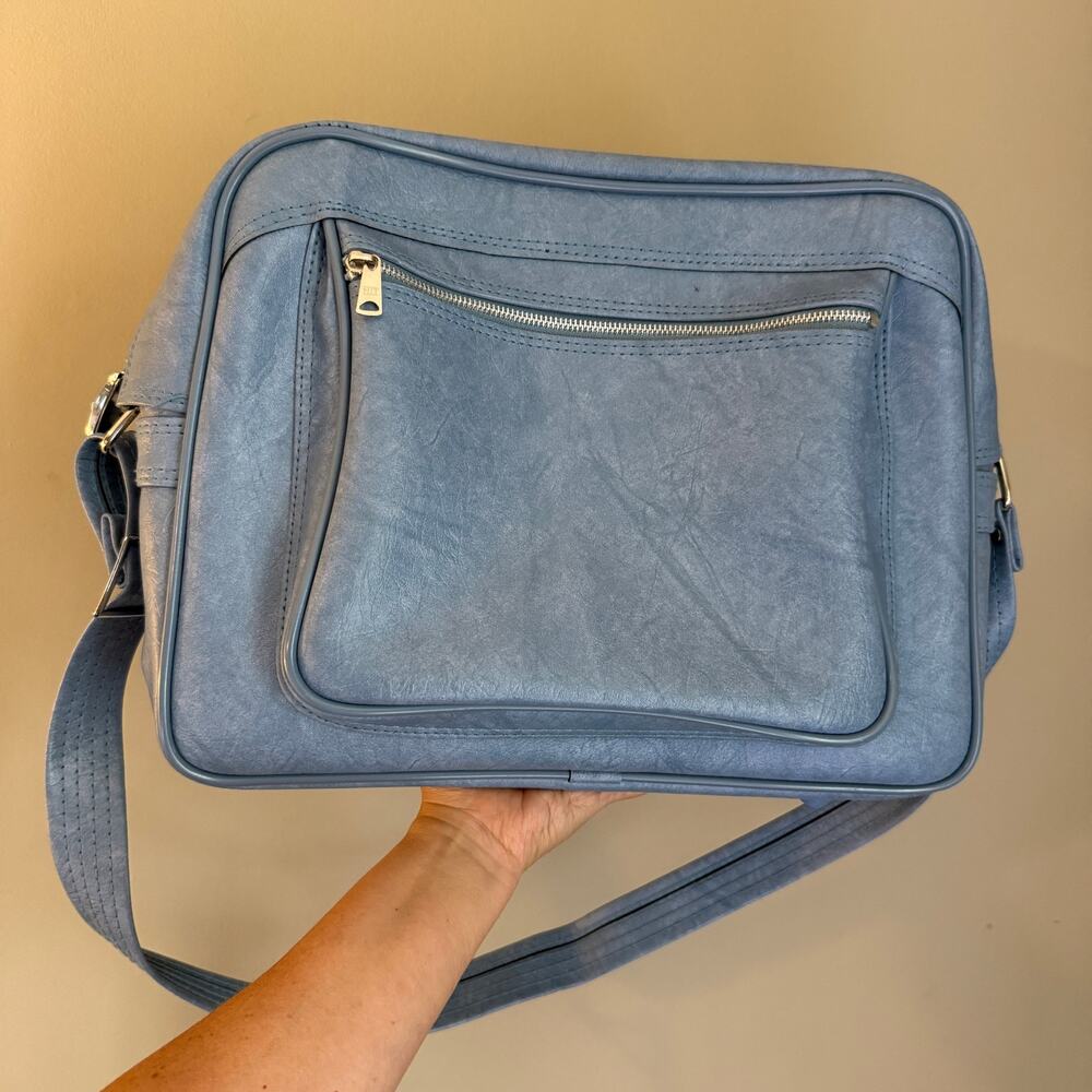Vintage Light Blue Soft Luggage Overnight Bag Shoulder Strap Travel EUC